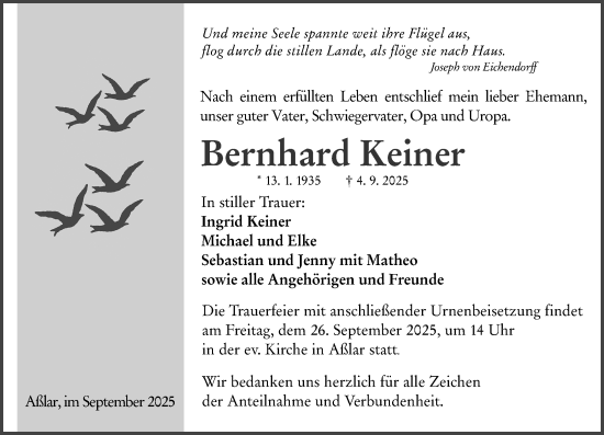 Traueranzeige von Bernhard Keiner von Wetzlarer Neue Zeitung