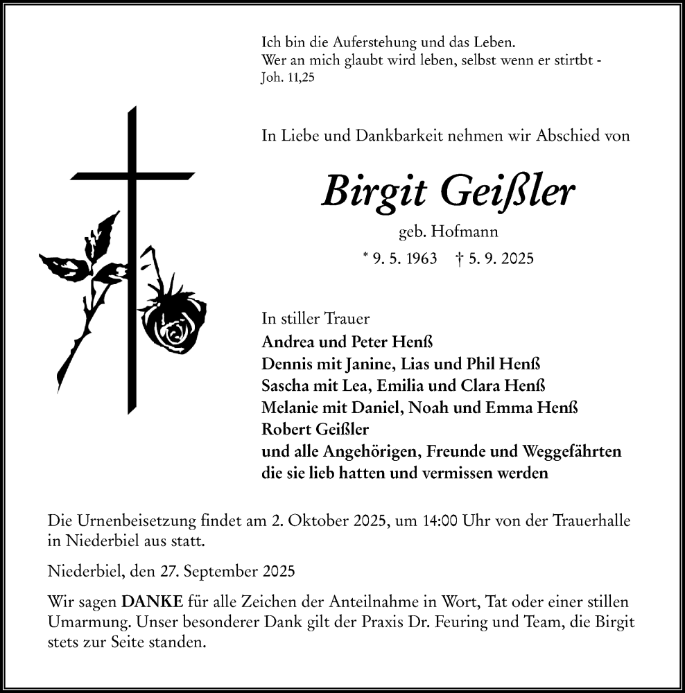  Traueranzeige für Birgit Geißler vom 27.09.2025 aus Wetzlarer Neue Zeitung