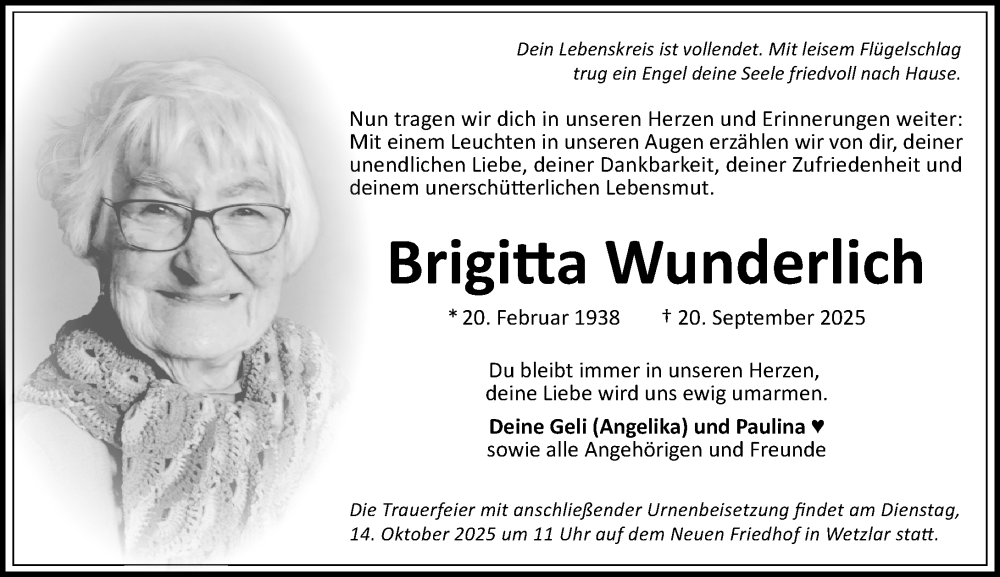  Traueranzeige für Brigitta Wunderlich vom 27.09.2025 aus Wetzlarer Neue Zeitung