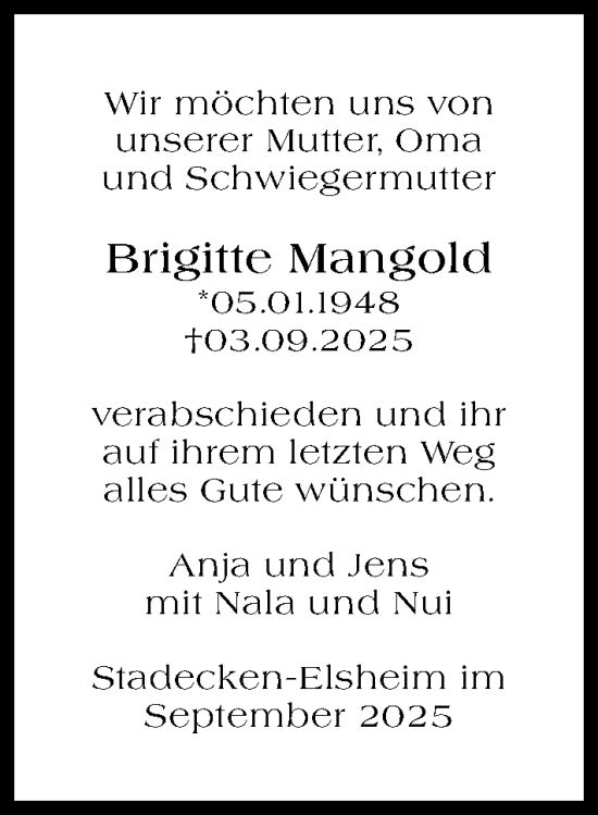Traueranzeige von Brigitte Mangold von Allgemeine Zeitung Mainz