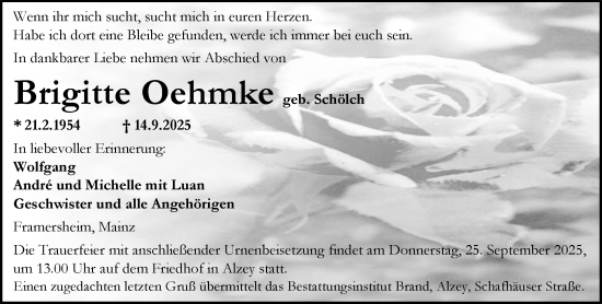Traueranzeige von Brigitte Oehmke von Allgemeine Zeitung Alzey
