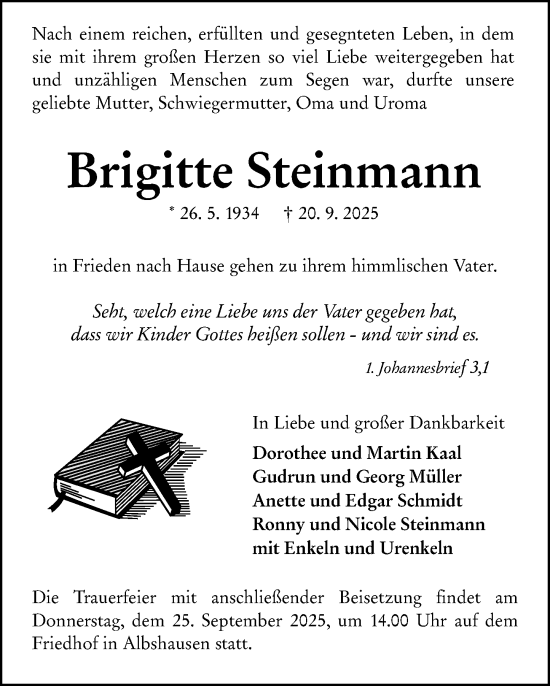 Traueranzeige von Brigitte Steinmann von Wetzlarer Neue Zeitung
