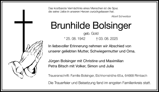 Traueranzeige von Brunhilde Bolsinger von Starkenburger Echo