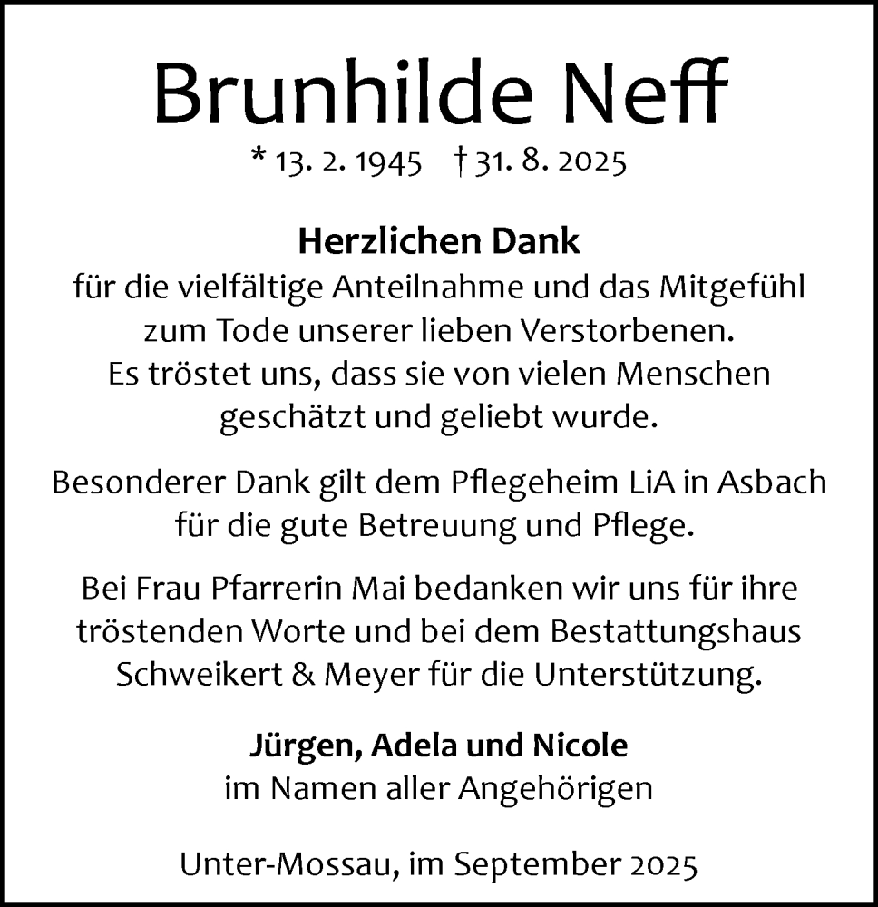  Traueranzeige für Brunhilde Neff vom 27.09.2025 aus Odenwälder Echo