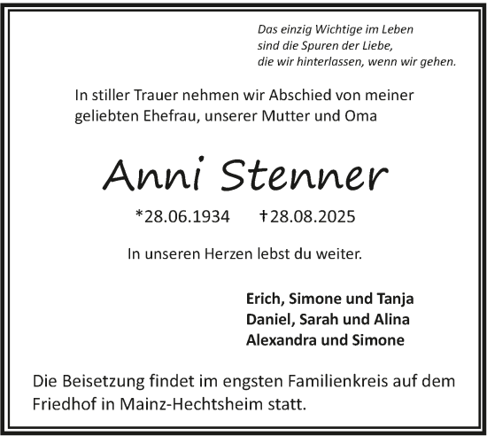 Traueranzeige von Anni Stenner von Allgemeine Zeitung Mainz