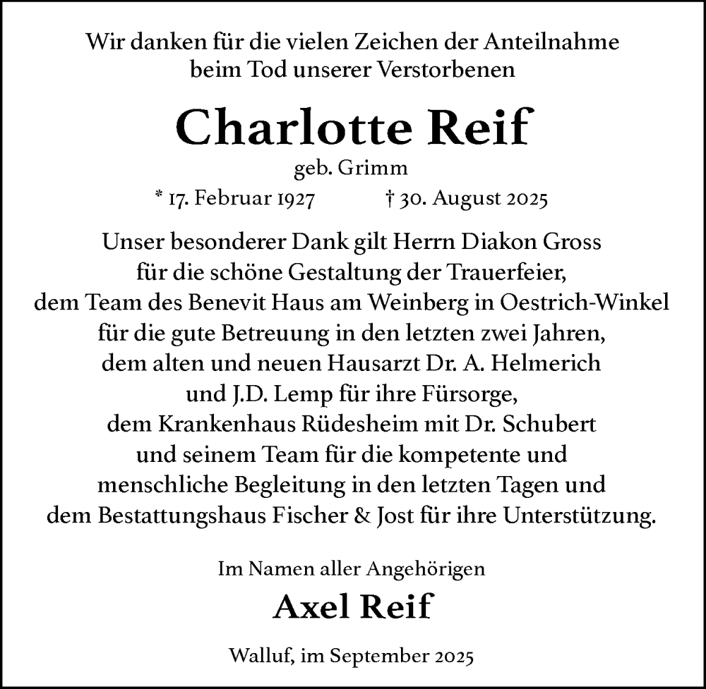  Traueranzeige für Charlotte Reif vom 27.09.2025 aus Wiesbadener Kurier