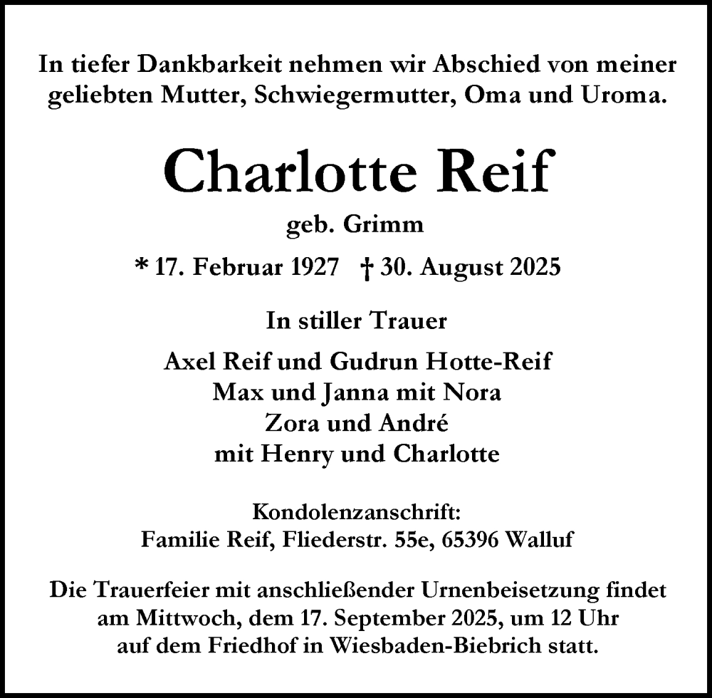  Traueranzeige für Charlotte Reif vom 06.09.2025 aus Wiesbadener Kurier