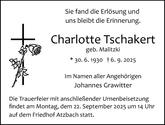 Traueranzeige von Charlotte Tschakert von Wetzlarer Neue Zeitung