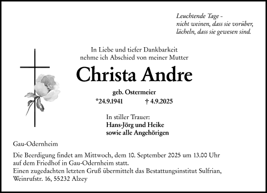 Traueranzeige von Christa Andre von Allgemeine Zeitung Alzey