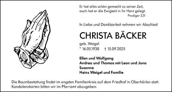 Traueranzeige von Christa Bäcker von Hinterländer Anzeiger