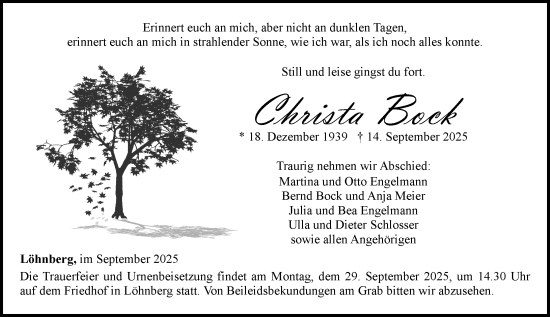 Traueranzeige von Christa Bock von Weilburger Tageblatt