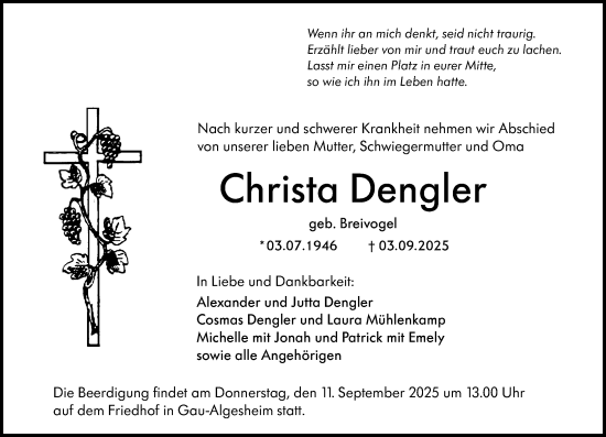 Traueranzeige von Christa Dengler von Allgemeine Zeitung Rheinhessen-Nahe