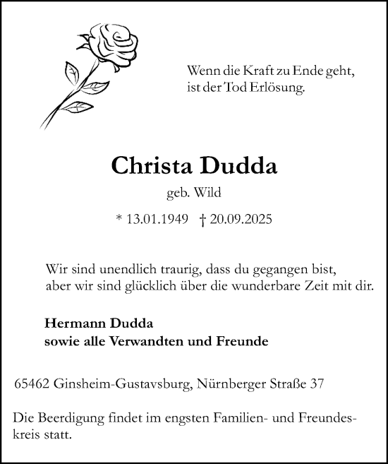 Traueranzeige von Christa Dudda von Allgemeine Zeitung Mainz