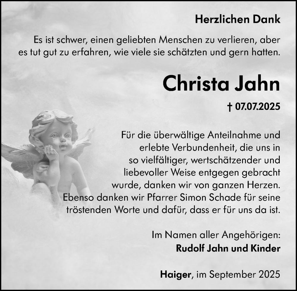  Traueranzeige für Christa Jahn vom 06.09.2025 aus Dill Block