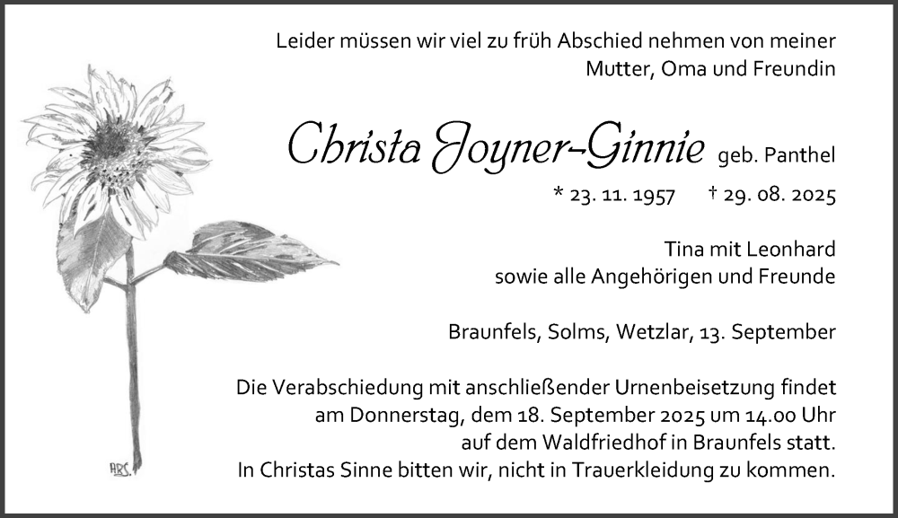  Traueranzeige für Christa Joyner-Ginnie vom 13.09.2025 aus Wetzlarer Neue Zeitung