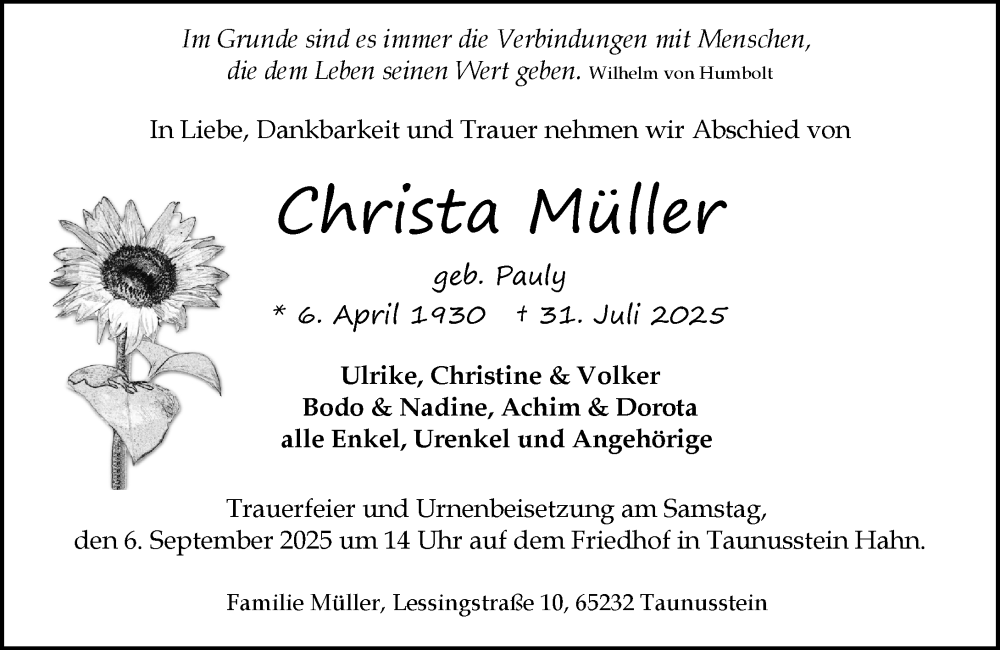  Traueranzeige für Christa Müller vom 30.08.2025 aus Idsteiner Land/Untertaunus