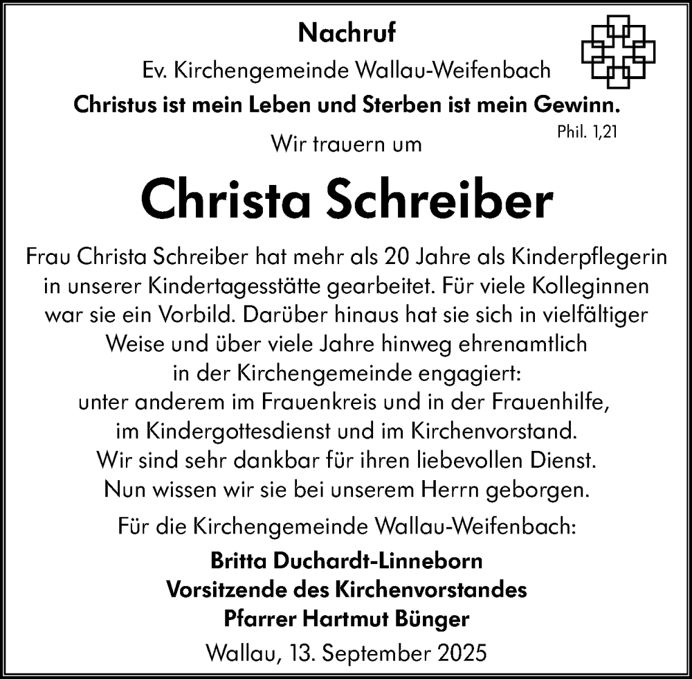  Traueranzeige für Christa Schreiber vom 13.09.2025 aus Hinterländer Anzeiger