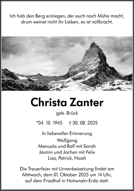 Traueranzeige von Christa Zanter von Wetzlarer Neue Zeitung