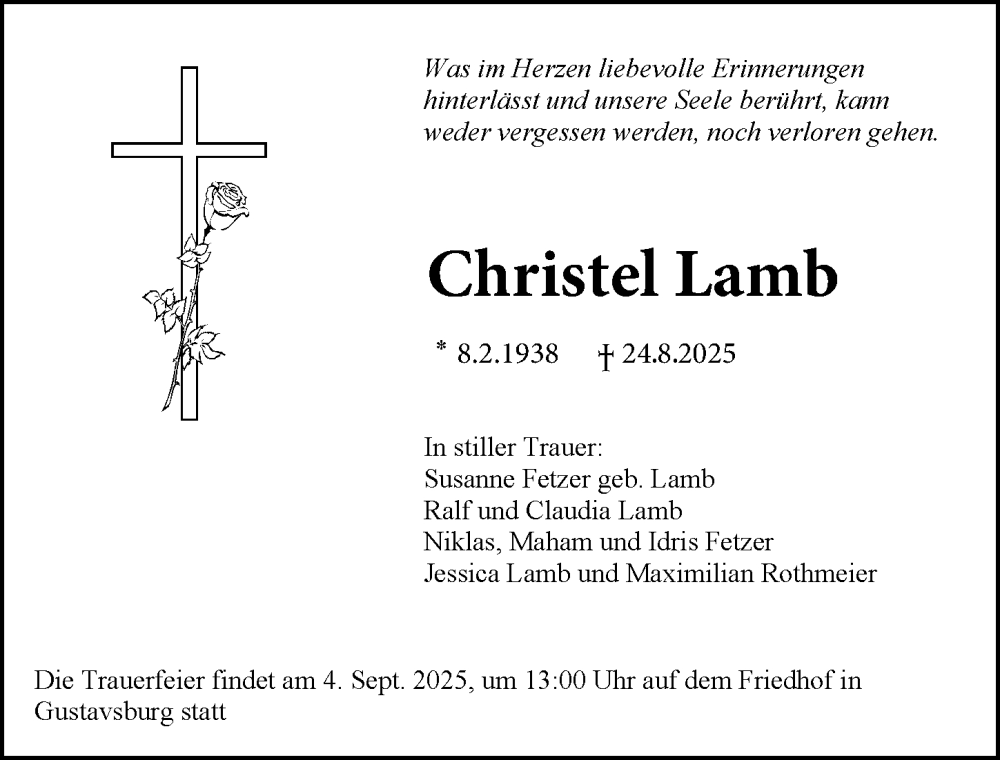  Traueranzeige für Christel Lamb vom 30.08.2025 aus Rüsselsheimer Echo