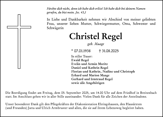 Traueranzeige von Christel Regel von Wetzlarer Neue Zeitung