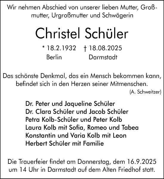 Traueranzeige von Christel Schüler von Darmstädter Echo