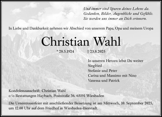 Traueranzeige von Christian Wahl von Wiesbadener Kurier
