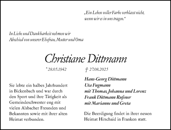Traueranzeige von Christiane Dittmann von Darmstädter Echo