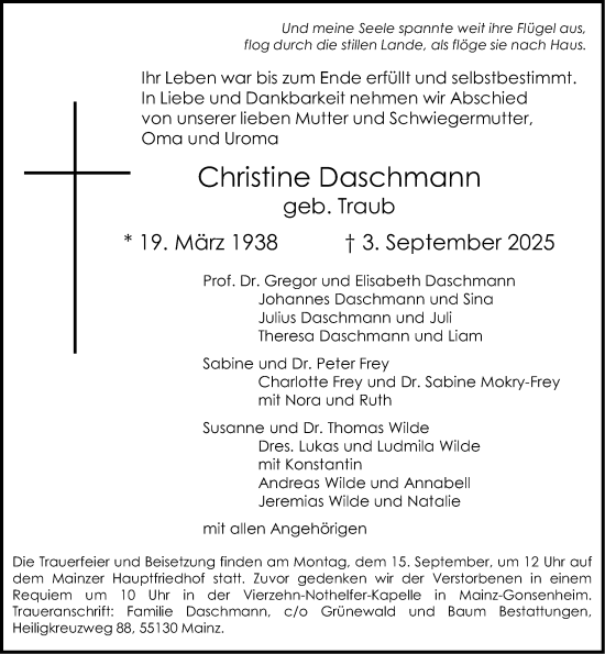 Traueranzeige von Christine Daschmann von Allgemeine Zeitung Mainz