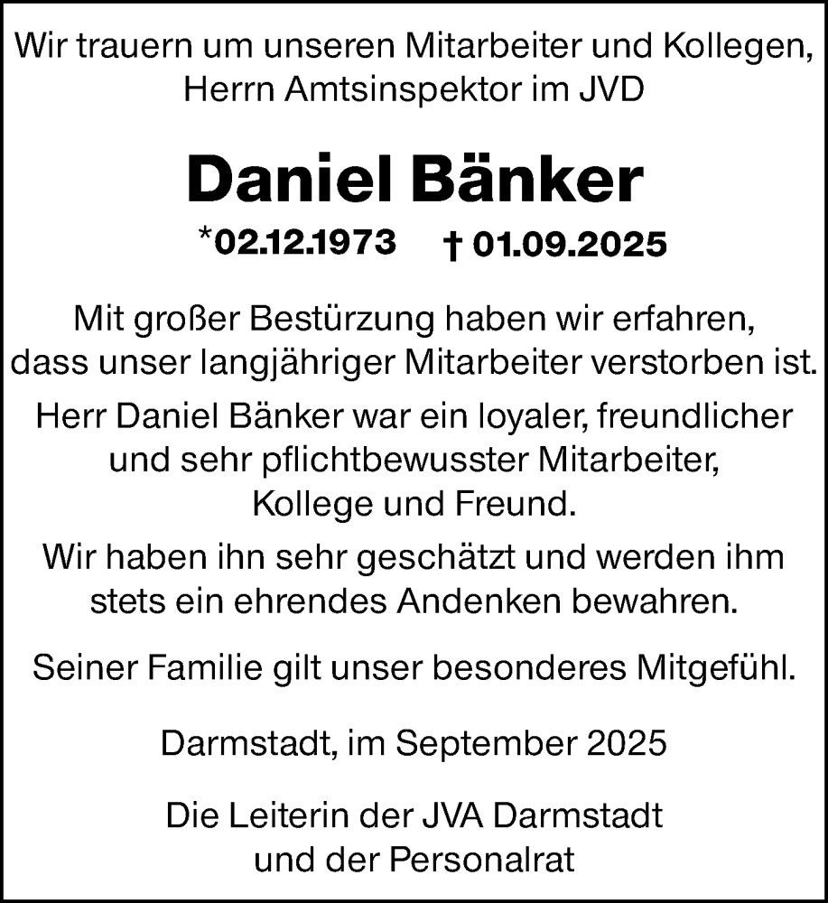  Traueranzeige für Daniel Bänker vom 19.09.2025 aus Darmstädter Echo