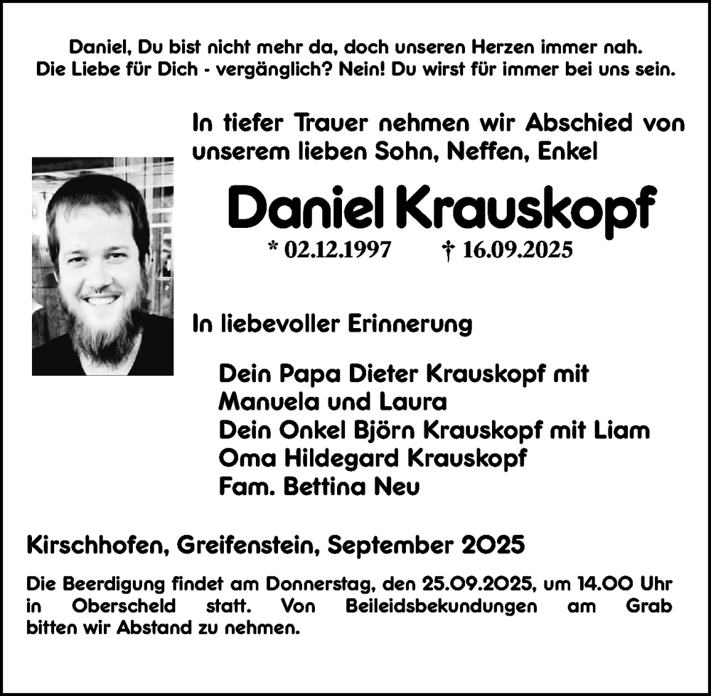  Traueranzeige für Daniel Krauskopf vom 25.09.2025 aus Weilburger Tageblatt