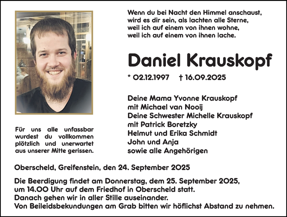  Traueranzeige für Daniel Krauskopf vom 24.09.2025 aus Dill Block