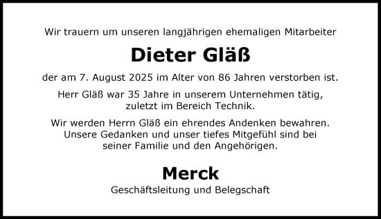 Traueranzeige von Dieter Gläß von Darmstädter Echo