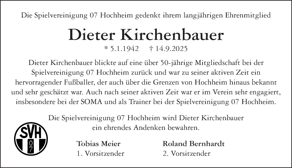  Traueranzeige für Dieter Kirchenbauer vom 19.09.2025 aus Hochheimer Zeitung