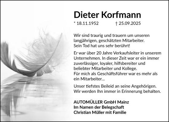 Traueranzeige von Dieter Korfmann von Allgemeine Zeitung Alzey