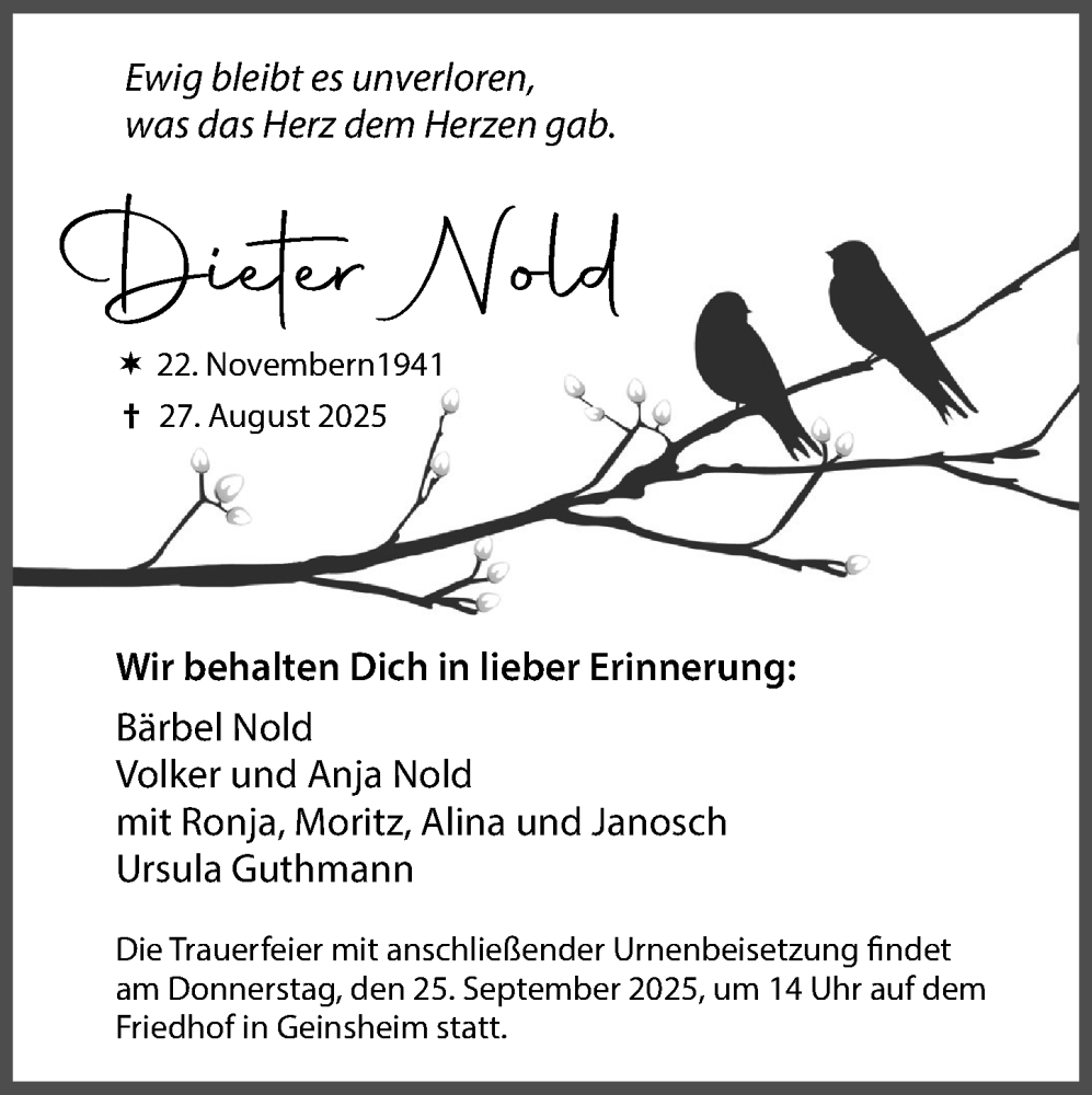  Traueranzeige für Dieter Nold vom 06.09.2025 aus Groß-Gerauer Echo
