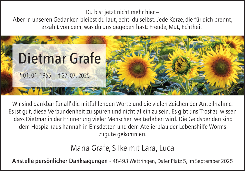  Traueranzeige für Dietmar Grafe vom 06.09.2025 aus Wormser Zeitung
