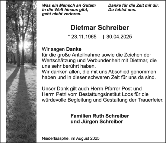 Traueranzeige von Dietmar Schreiber von Hinterländer Anzeiger