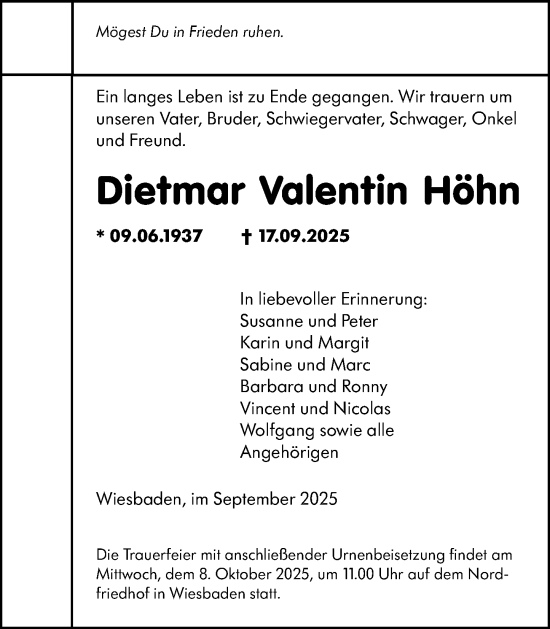 Traueranzeige von Dietmar Valentin Höhn von Wiesbadener Kurier