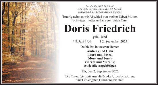 Traueranzeige von Doris Friedrich von Nassauische Neue Presse