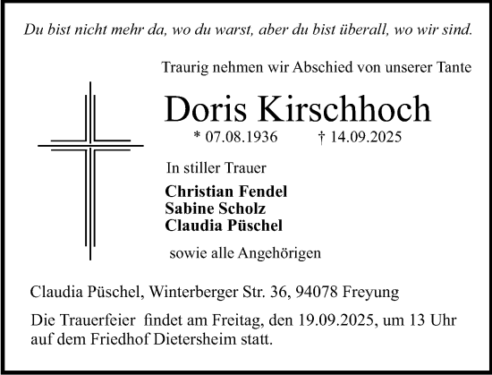 Traueranzeige von Doris Kirschhoch von Allgemeine Zeitung Rheinhessen-Nahe