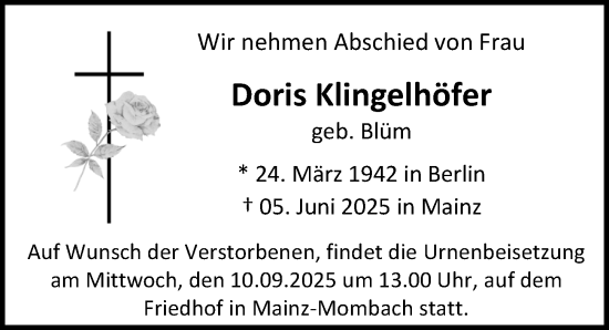 Traueranzeige von Doris Klingelhöfer von Allgemeine Zeitung Mainz