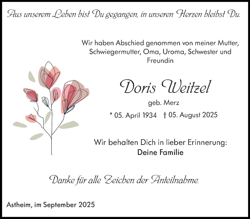  Traueranzeige für Doris Weitzel vom 06.09.2025 aus Rüsselsheimer Echo