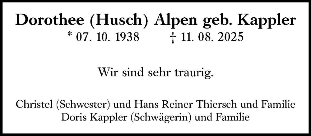  Traueranzeige für Dorothee Alpen vom 30.08.2025 aus Darmstädter Echo