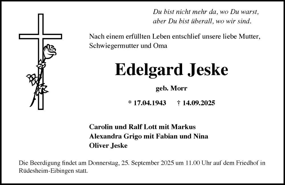  Traueranzeige für Edelgard Jeske vom 20.09.2025 aus Rheingau Kurier