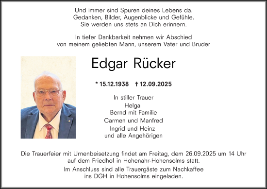Traueranzeige von Edgar Rücker von Wetzlarer Neue Zeitung