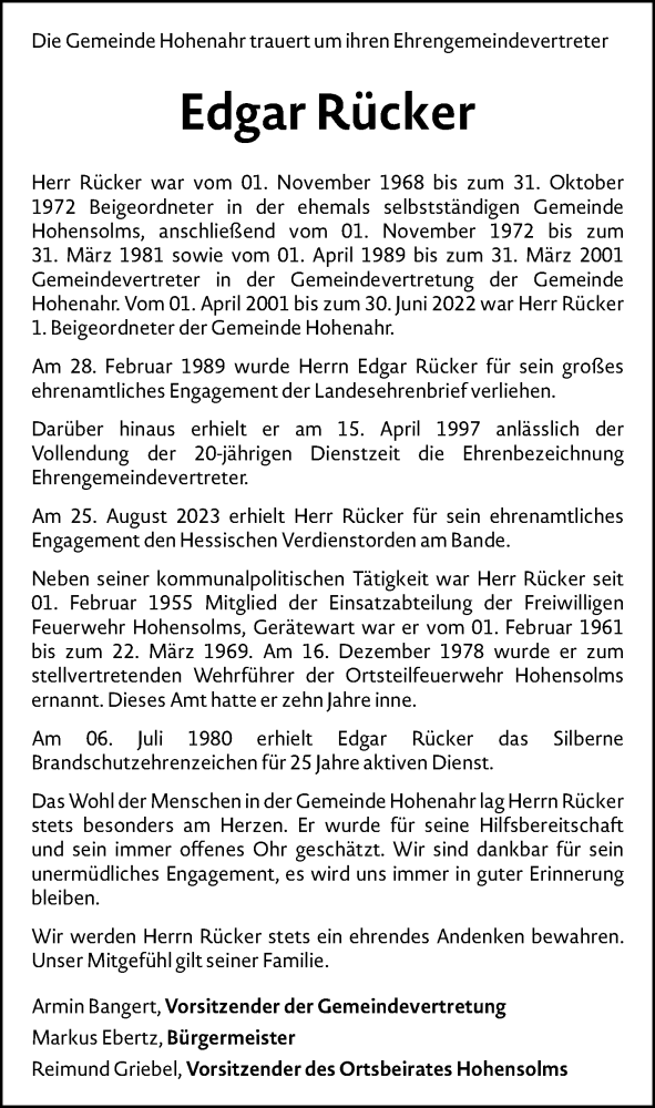  Traueranzeige für Edgar Rücker vom 27.09.2025 aus Wetzlarer Neue Zeitung
