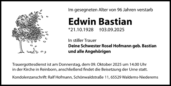 Traueranzeige von Edwin Bastian von Camberger Anzeiger