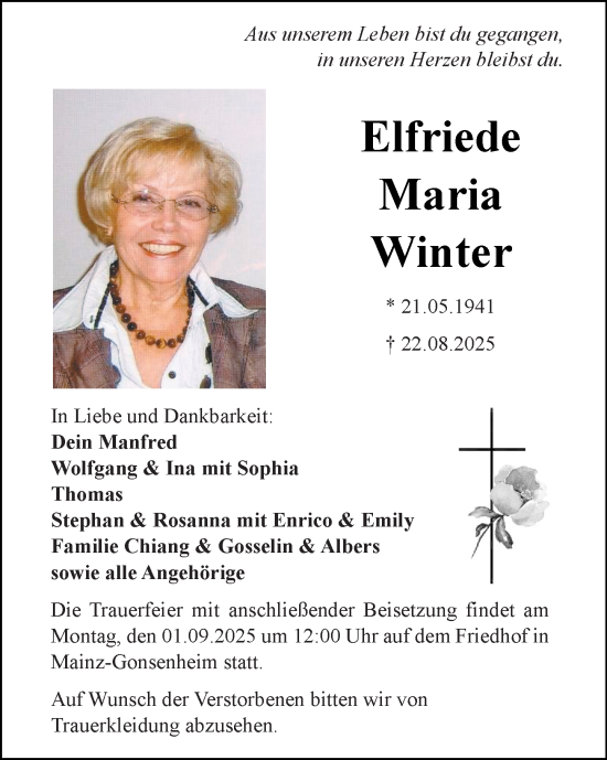 Traueranzeige von Elfriede Maria Winter von Allgemeine Zeitung Mainz