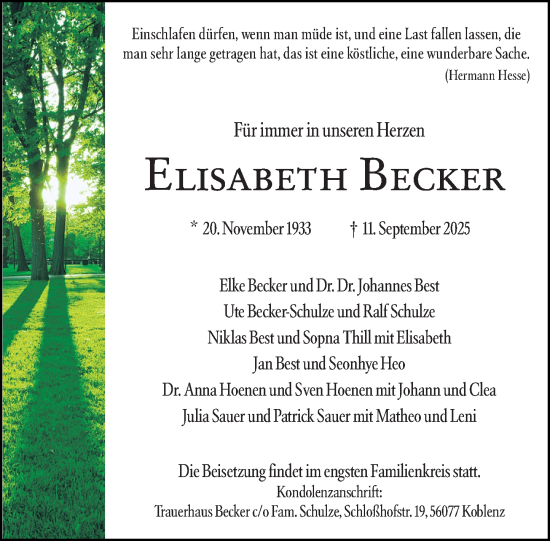 Traueranzeige von Elisabeth Becker von Allgemeine Zeitung Mainz