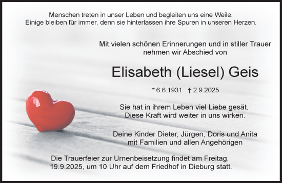 Traueranzeige von Elisabeth Geis von Dieburger Anzeiger/Groß-Zimmerner Lokal-Anzeiger
